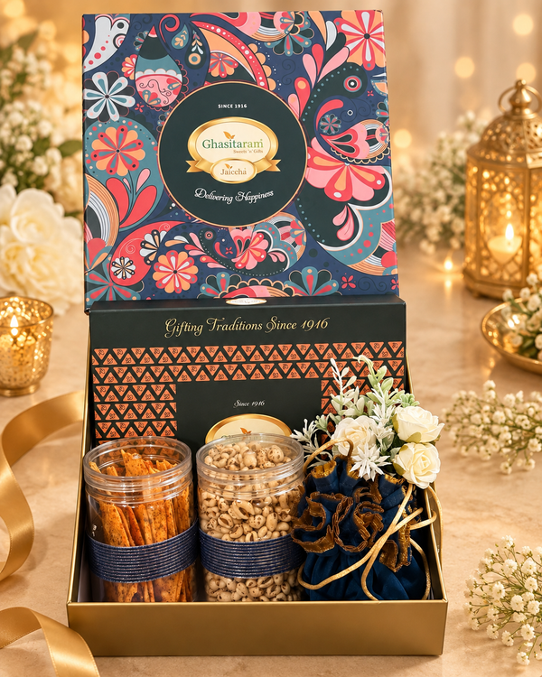 Corporate Gifts-Ghasitaram Big Hamper Box with Bites, Namkeen and Dryfruit