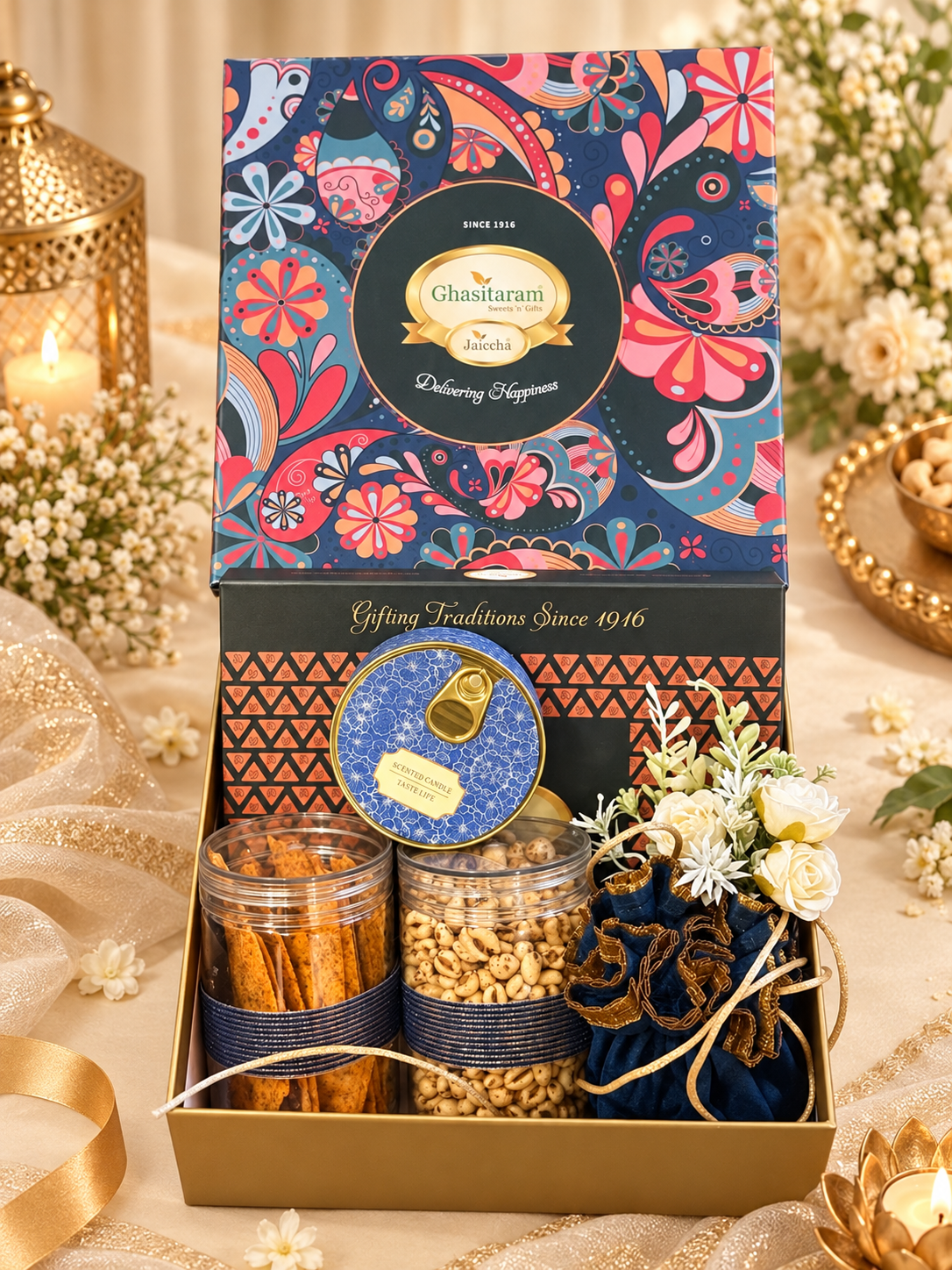 Corporate Gifts-Ghasitaram Big Hamper Box WITH Scented Candle