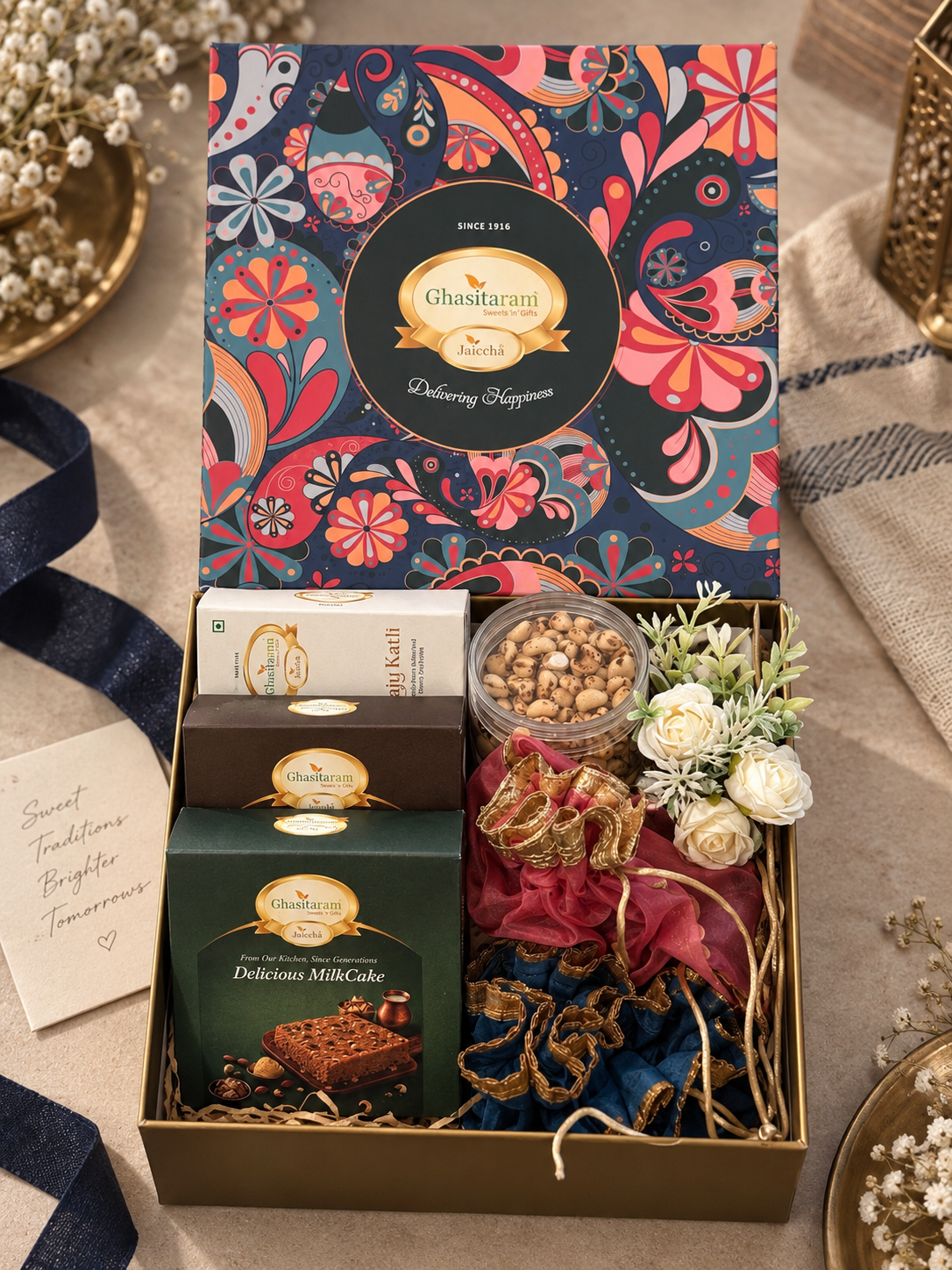 Corporate Gifts-Ghasitaram Big Hamper Box with Sweets, Namkeen and Dryfruit