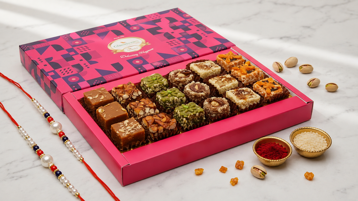 Assorted dry fruit sweets 18 pcs with 2 Rakhis