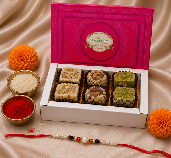 Assorted dry fruit sweets 6 pcs with 2 Rakhis