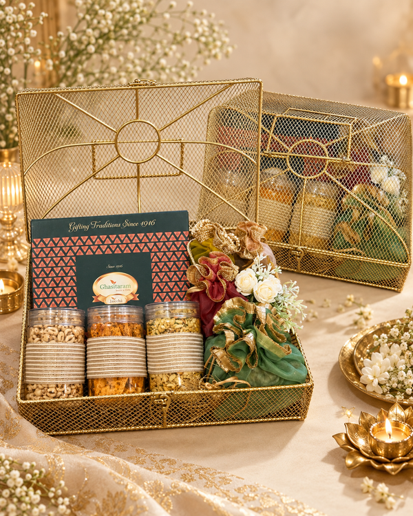 Corporate Gifts-Golden Mesh Trunk Box of assorted sweets, namkeen and dryfruits
