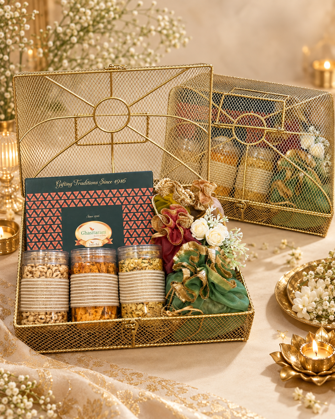 Diwali Gifts-Golden Mesh Trunk Box of assorted sweets, namkeen and dryfruits