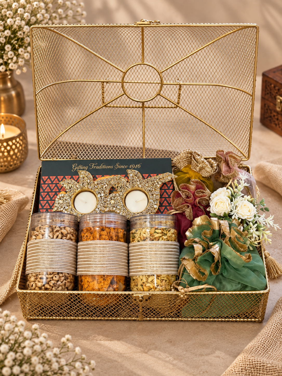 Diwali Gifts-Golden Mesh Trunk Box of assorted sweets, namkeen and dryfruits with t lights