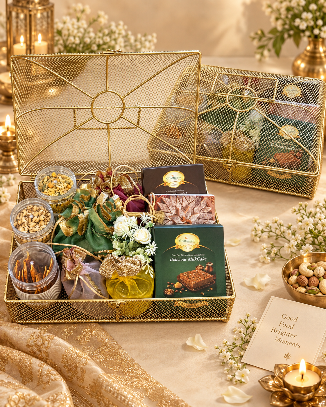 Diwali Gifts-Golden Mesh Trunk Box of sweets, namkeen and dryfruits