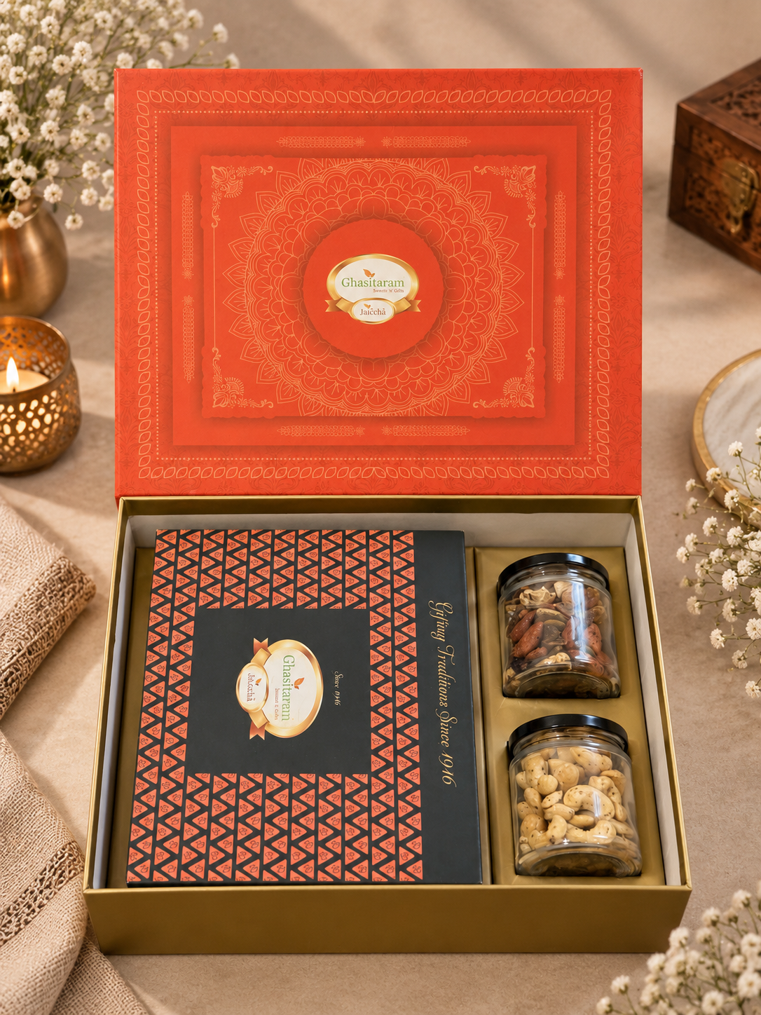 Corporate Gifts-Orange Hamper Box with Bites and Dryfruits