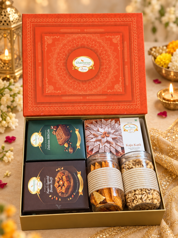 Corporate Gifts-Orange Hamper Box with Sweets and Namkeen