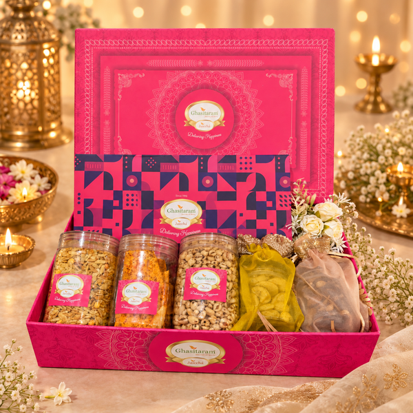 Corporate Gifts-Pink hamper box with assorted Sweets, Namkeen and Dry fruits.