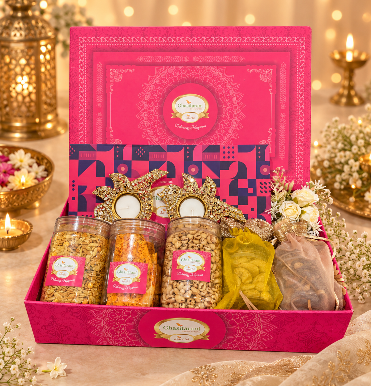 Corporate Gifts-Pink hamper box with assorted Sweets, Namkeen and Dry fruits with T-Lights