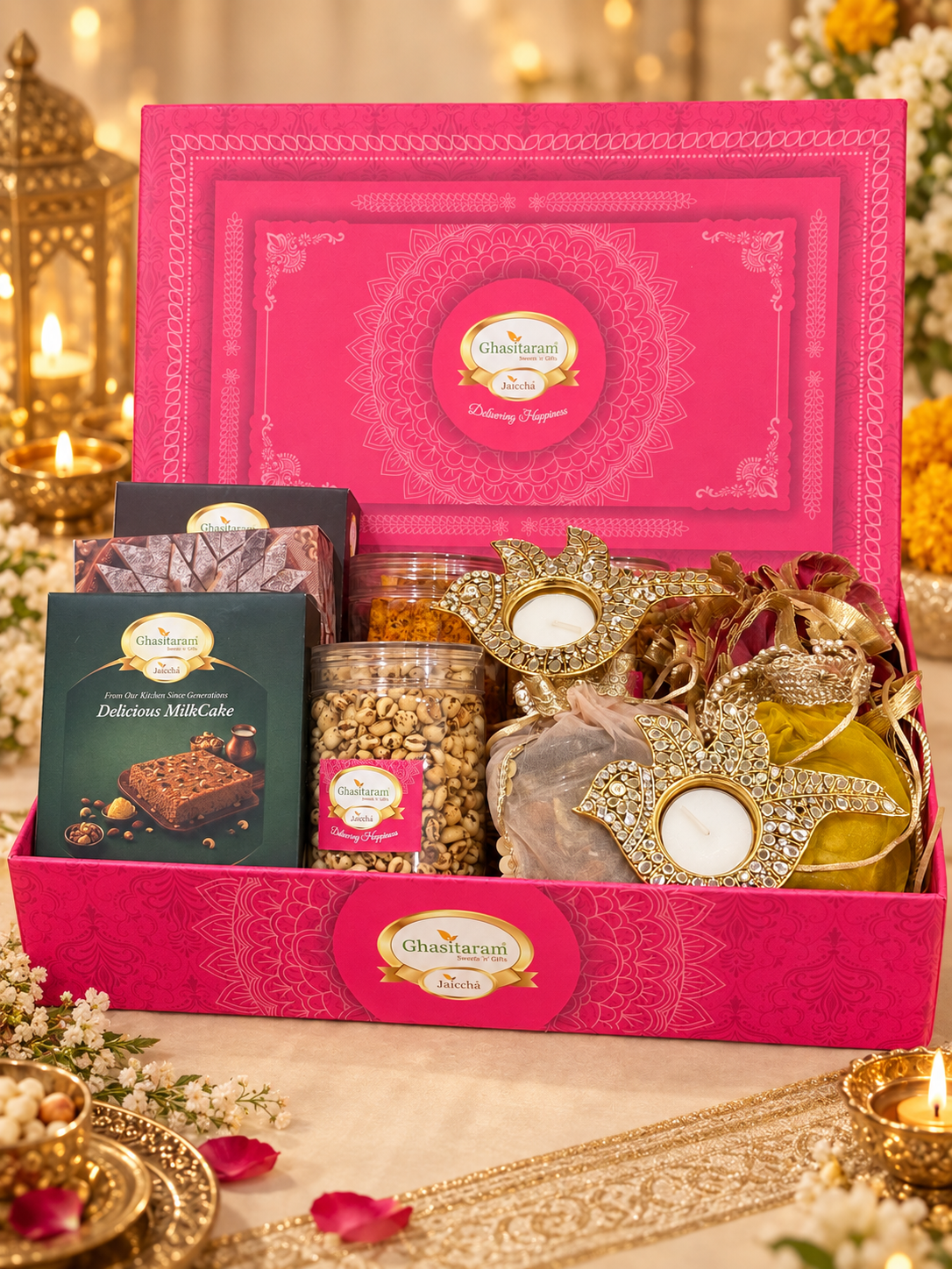 Corporate Gifts-Pink hamper box with Sweets, Namkeen, Bites and Dry fruits with T-lights.