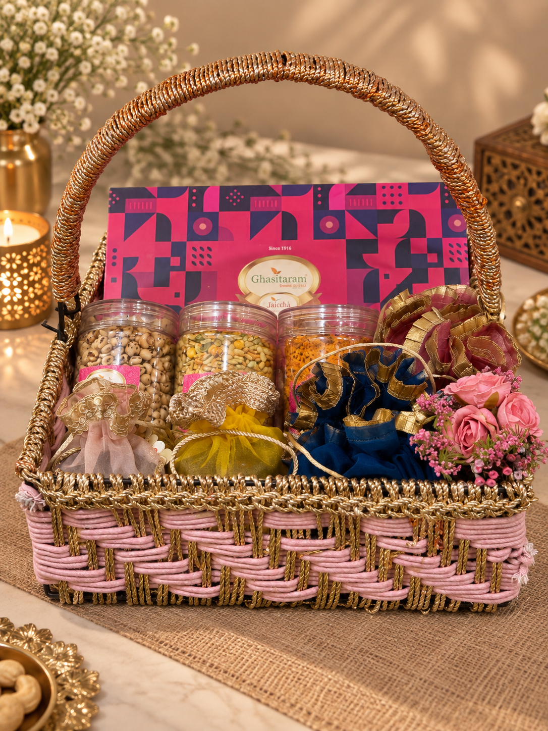 Corporate Gifts-Pink Rope Basket with assorted Sweets, Namkeen and Dry fruits.