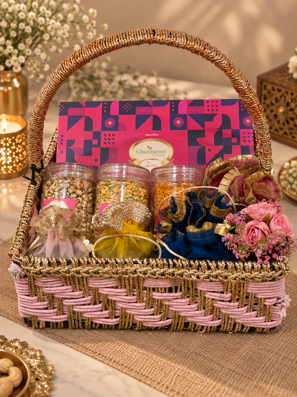 Corporate Gifts-Pink Rope Basket with assorted Sweets, Namkeen and Dry fruits.