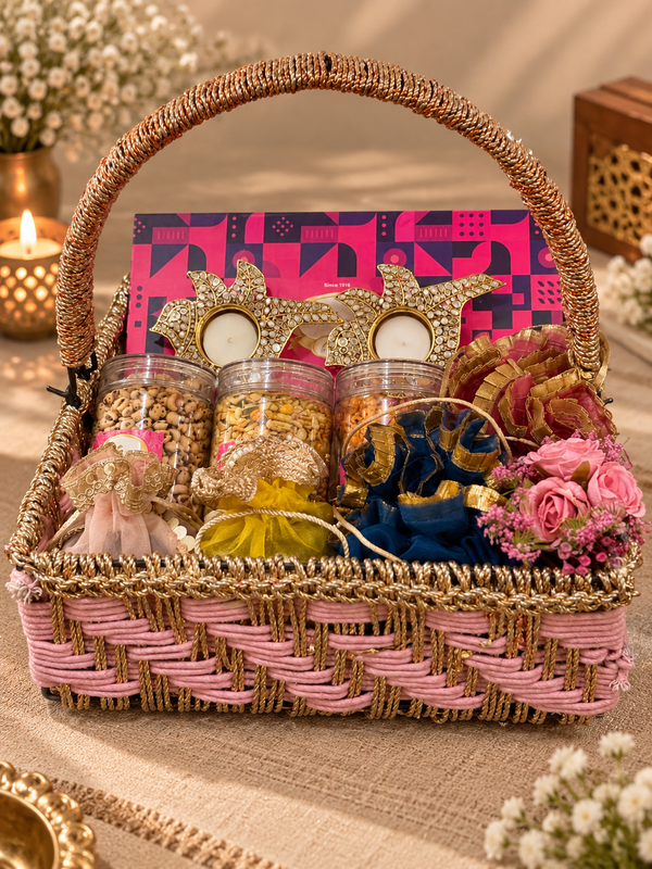 Corporate Gifts-Rectangle Woven Tray with Assorted dryfruit Sweets, namkeen,Dry Fruit, mithai Pouches