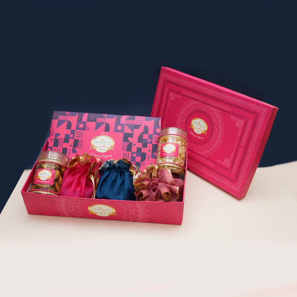 Pink Hamper Tray of Assorted dryfruit Sweets,namkeen,mithai Pouches, dryfruit