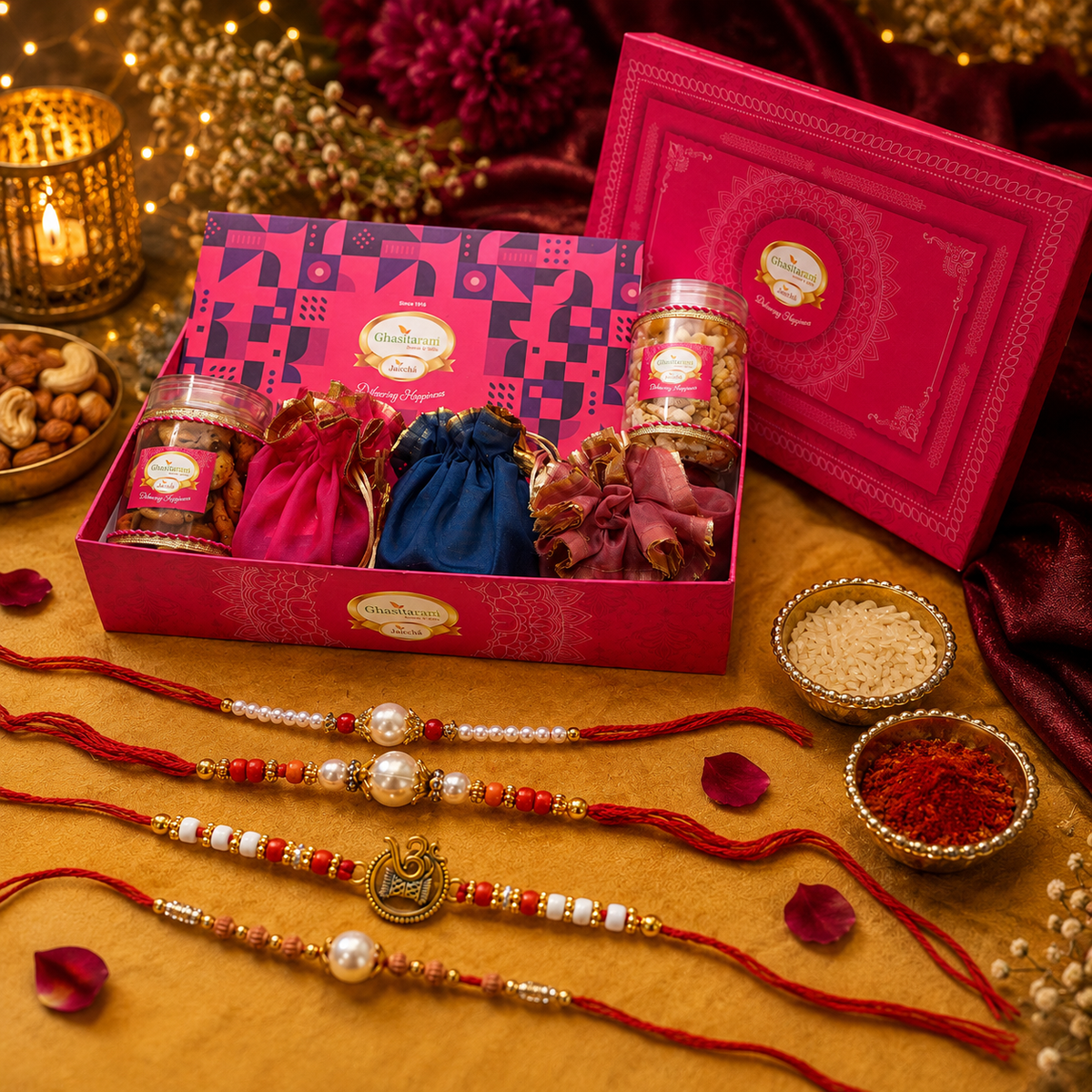 Ghasitaram Big Hamper Box of Best Bites, mithai/Sweet Pouches, dryfruit, namkeen with 2 Rakhis