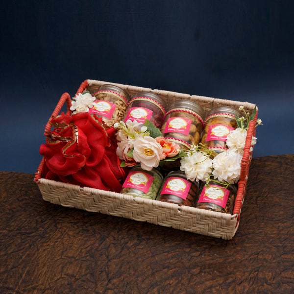 Rectangle Woven Tray with Assorted dryfruit Sweets, namkeen,Dry Fruit, mithai Pouches
