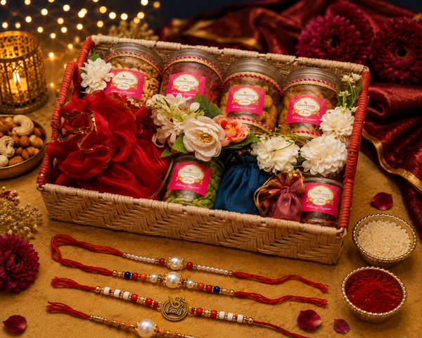 Rectangle Woven Tray with Assorted dryfruit Sweets, namkeen,Dry Fruit, mithai Pouches with 5 Rakhis