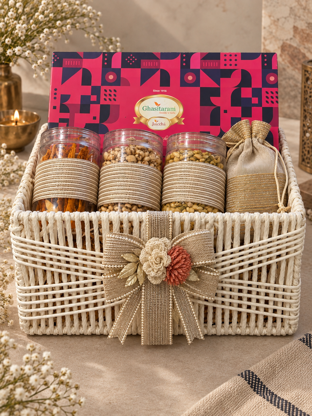 Corporate Gifts-White Jute hamper Basket with Bites, Namkeen and dryfruit