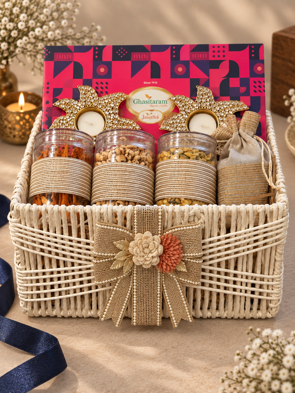 Corporate Gifts-White Jute hamper Basket with Bites, Namkeen and dryfruit with -lights