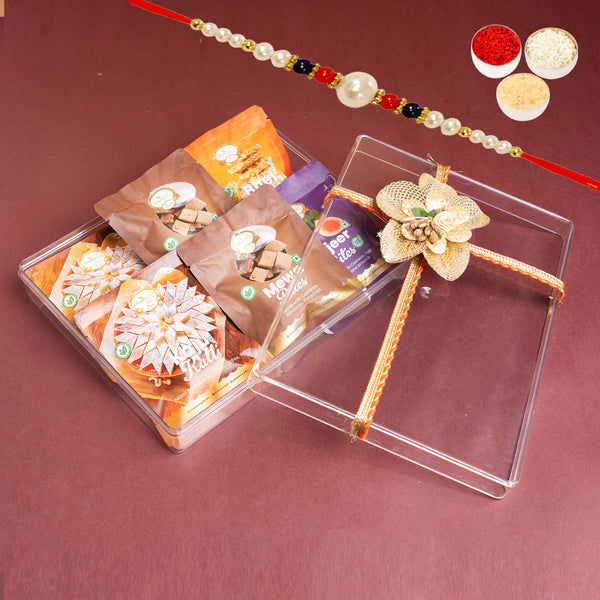 Acrylic Gift Box of Assorted Mithai Pouches Pack of 6 with Rakhi