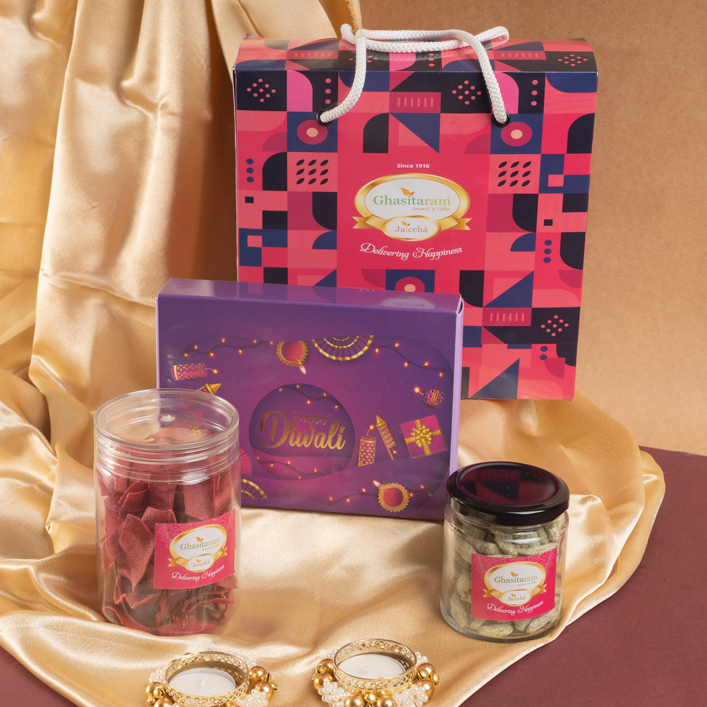 Corporate Gifts-Bag Box of sugar free Bites, namkeen, dryfruit and t-lights