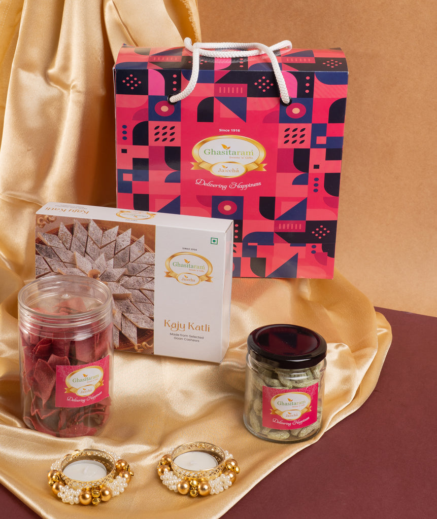 Diwali Gifts-Bag Box of Kaju Katli , namkeen, dryfruit and t-lights