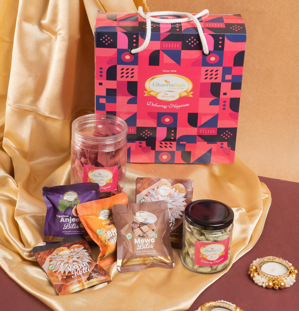 Diwali Gifts-Bag Box of Mithai Pouches, namkeen, dryfruit and t-lights