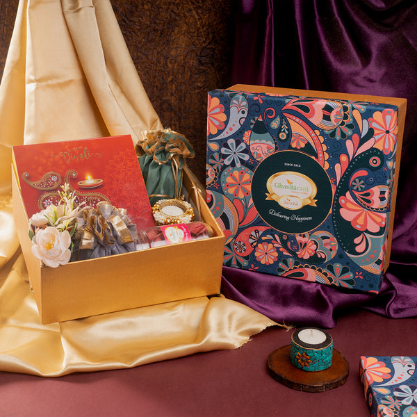 Diwali gift hampers-Diwali Gifts-Ghasitaram Big Hamper Box of best bites, mithai/sweet pouches, dryfruit, namkeen and t-lights
