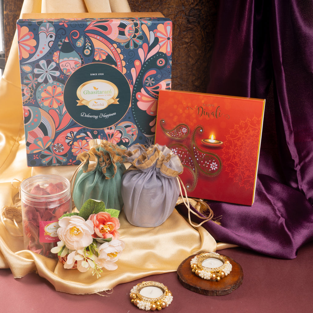 Corporate Gifts-Ghasitaram Big Hamper Box of sugar free bites, mithai/sweet pouches, dryfruit, namkeen and t-lights