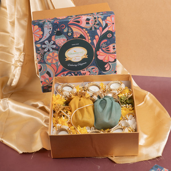 Corporate Gifts-Ghasitaram Big Hamper box with toran,t lights ,assorted mithai/sweets pouches and dryfruit