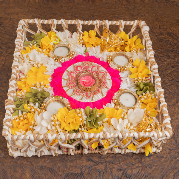 Corporate Gifts-Brown Jute Tray with rangoli, toran and t-lights
