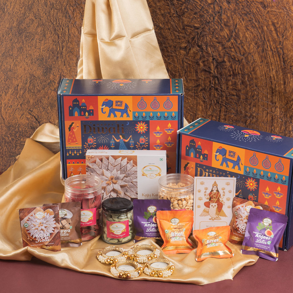 Diwali gift hampers-Diwali Gifts-Diwali Hamper Box of 17 goodies,Kaju Katlis, namkeen, dryfruit, t-lights, mithai pouches