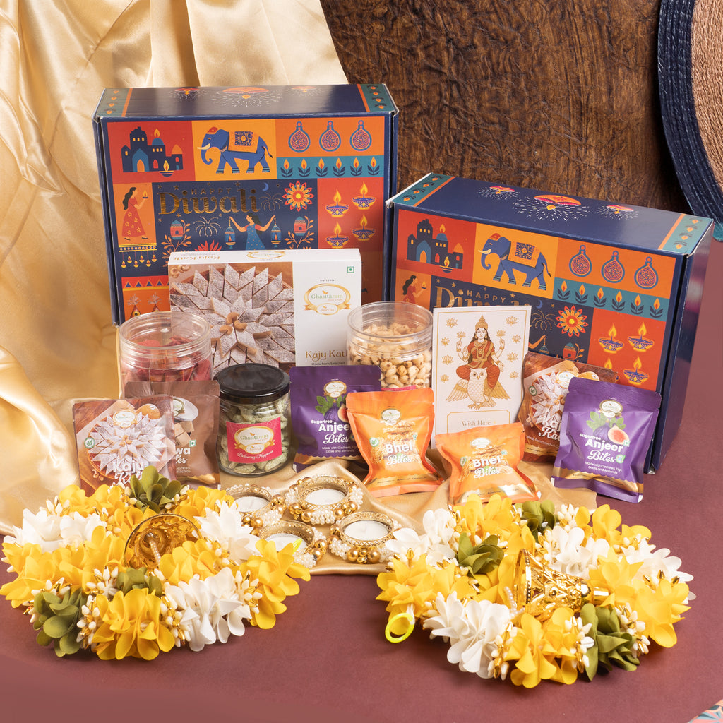 Corporate Gifts-Diwali Hamper Box of 17 goodies,Kaju Katlis, namkeen, dryfruit, t-lights, mithai pouches with toran