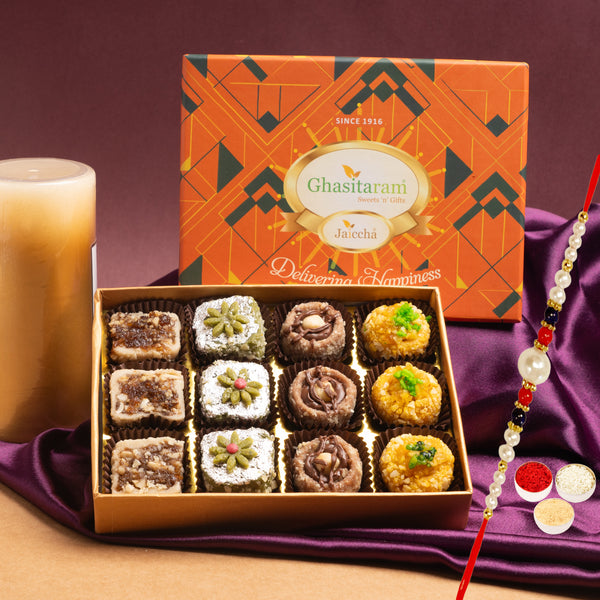 Assorted Dryfruit Sweets in Premium Box 12 pcs with Rakhi