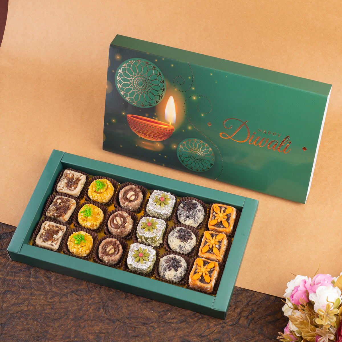 Diwali Gifts-Happy diwali box of assorted dry fruit sweets 18 pcs