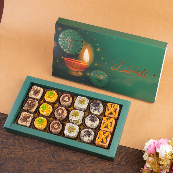 Diwali Gifts-Happy diwali box of assorted dry fruit sweets 18 pcs