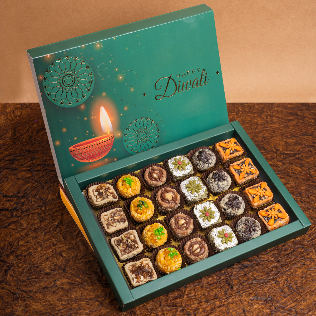 Diwali Gifts-Happy diwali box of assorted dry fruit sweets 24 pcs