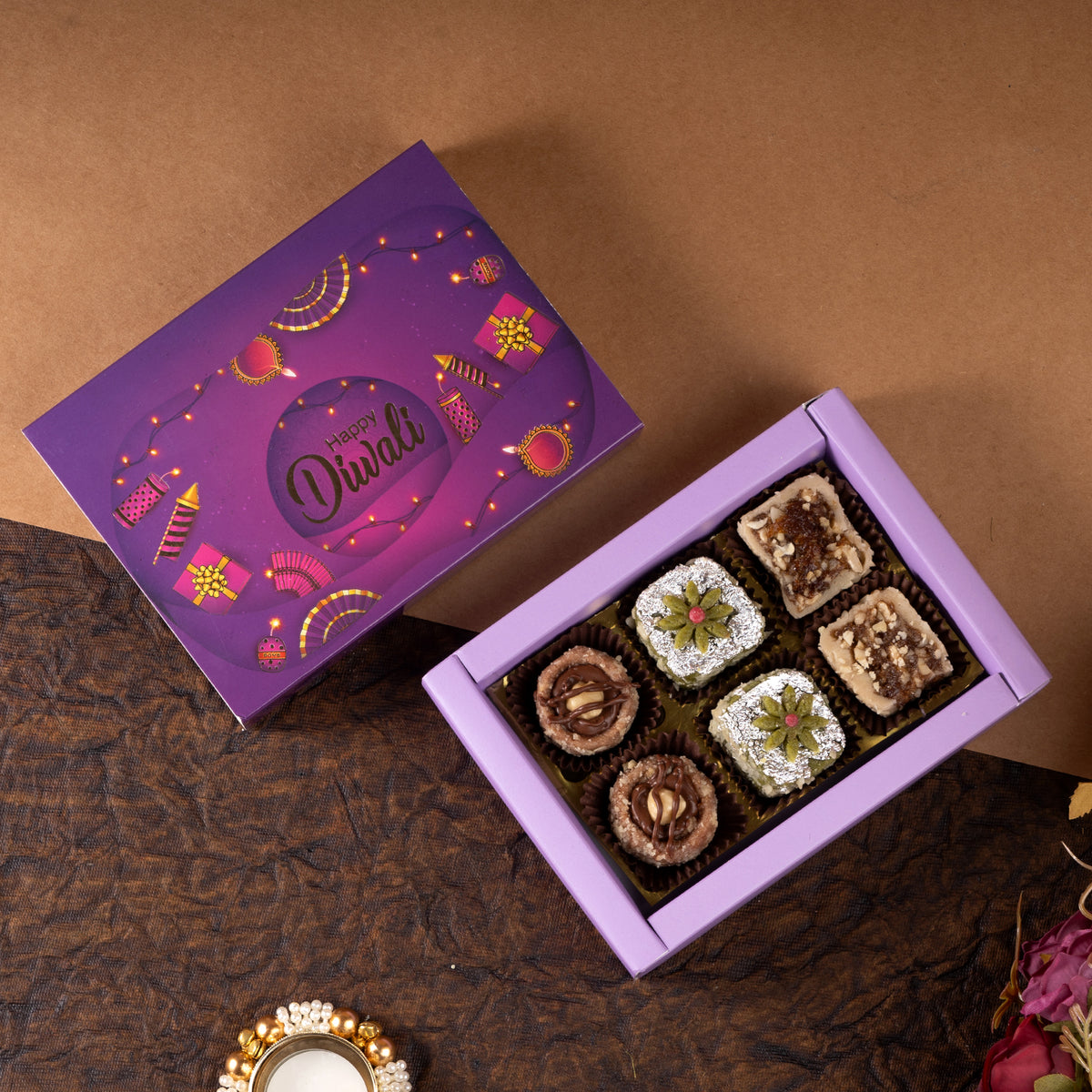 Diwali Gifts-Happy diwali box of assorted dry fruit sweets 6 pcs