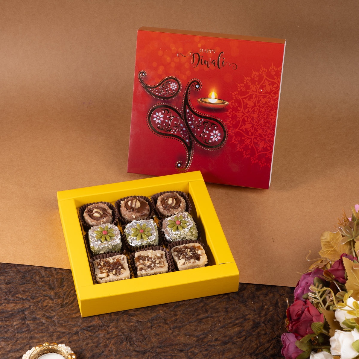 Diwali Gifts-Happy diwali box of assorted dry fruit sweets 9 pcs