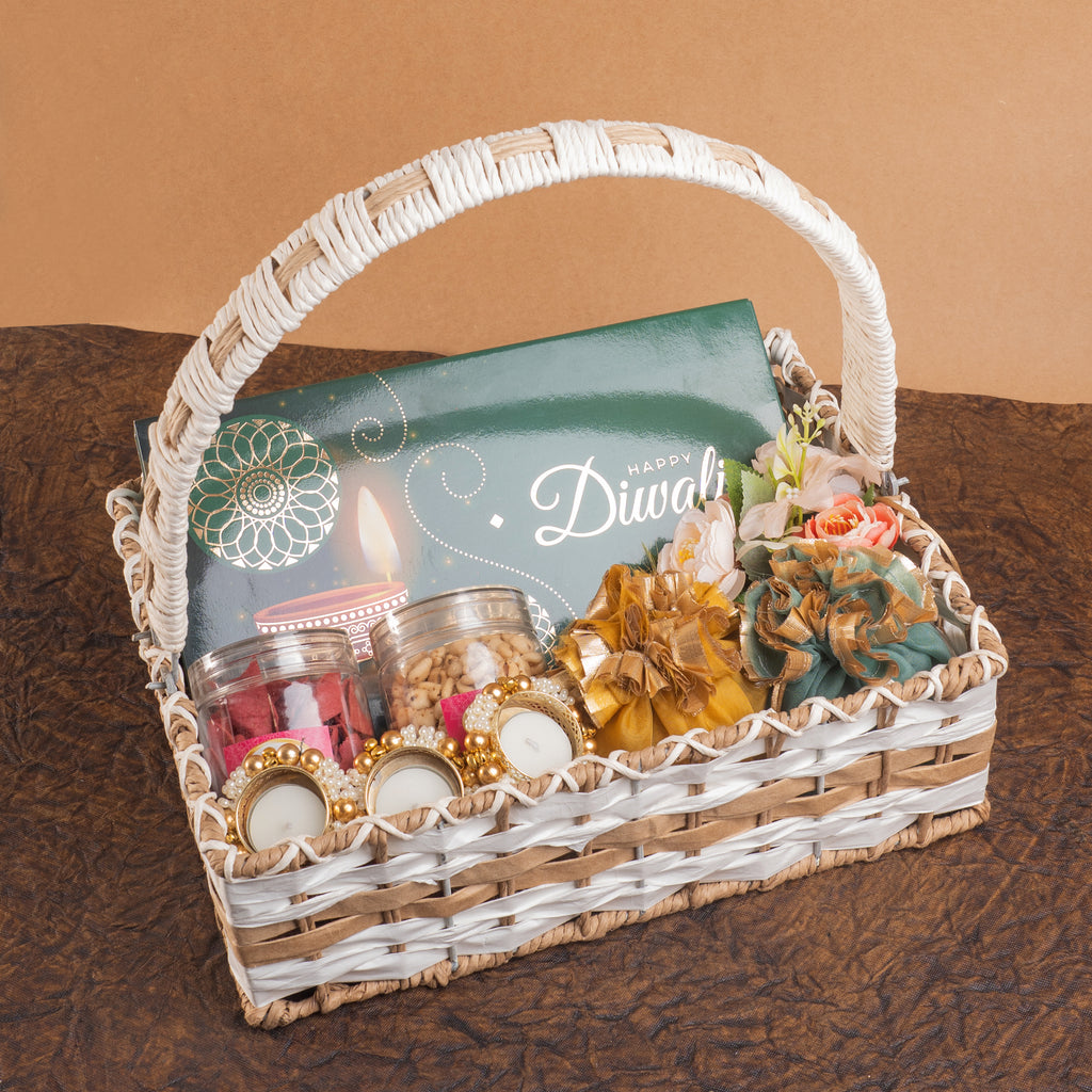 Corporate Gifts-Diwali Hamper Basket of best bites, mithai pouches, dryfruit, namkeen and t -lights