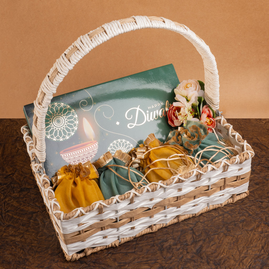 Corporate Gifts-Diwali Hamper Basket of sugar free bites, mithai pouches, dryfruit and t -lights