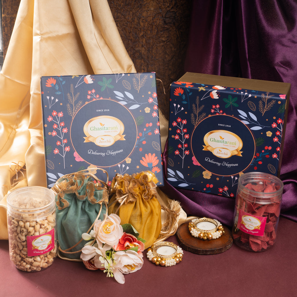 Corporate Gifts-Ghasitaram Hamper Box of mithai/ sweet pouches, dryfruit and namkeen and t-lights