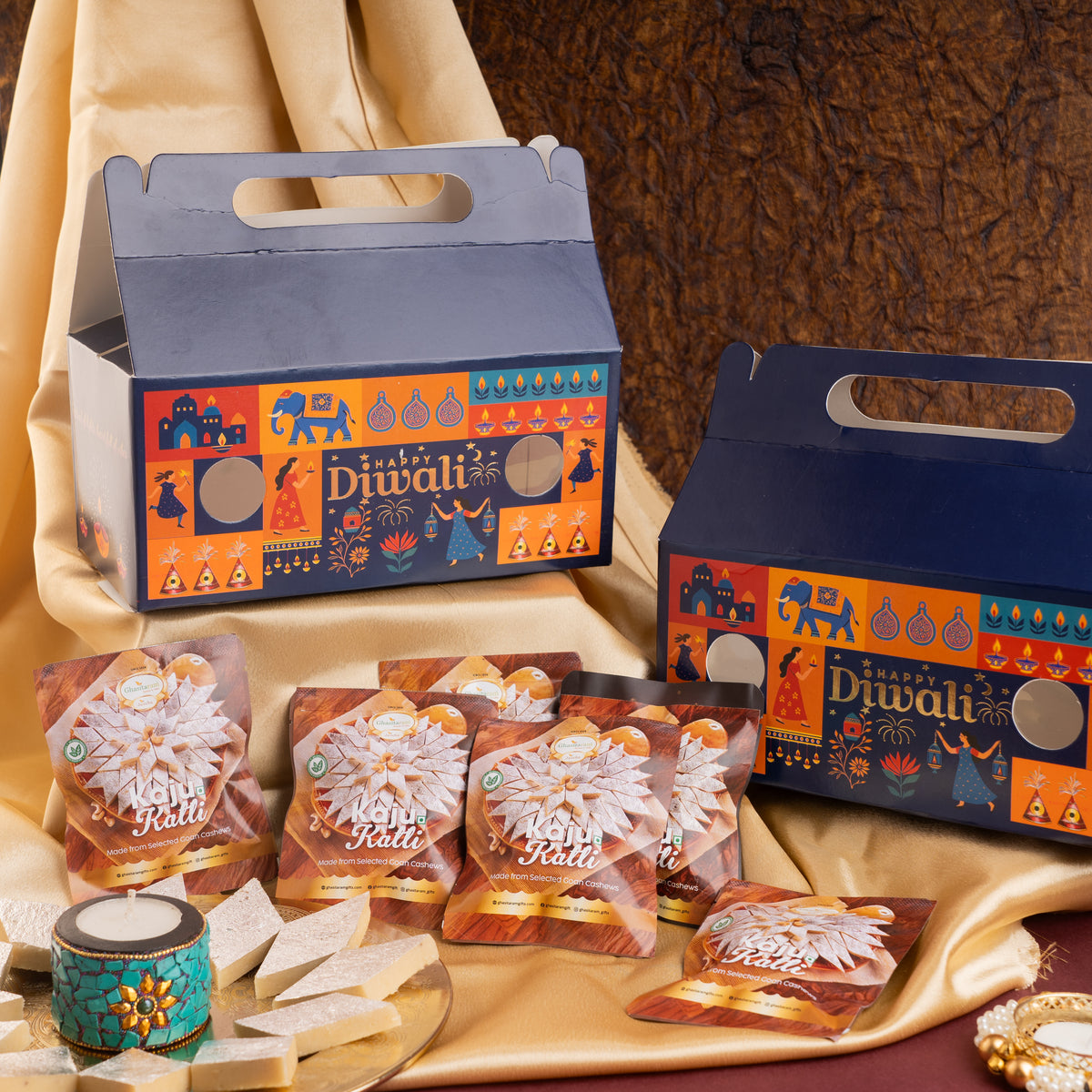 Diwali Gift Box of 12 Kaju Katli Pouches with T-lights