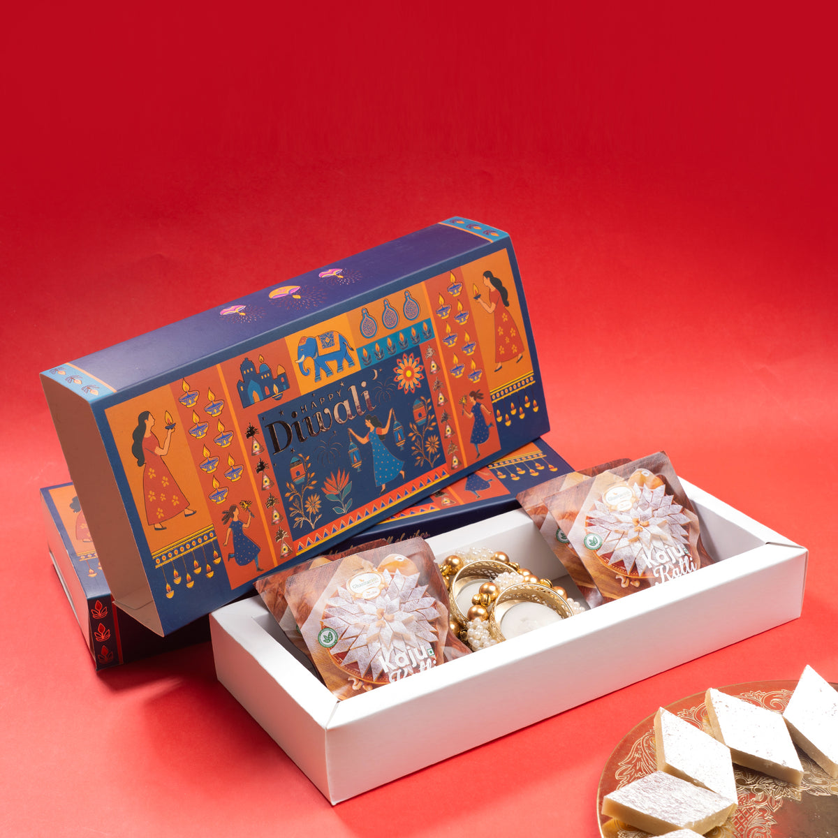 Corporate Gifts-Diwali Gift Box of Kaju Katli Pouches with T-lights