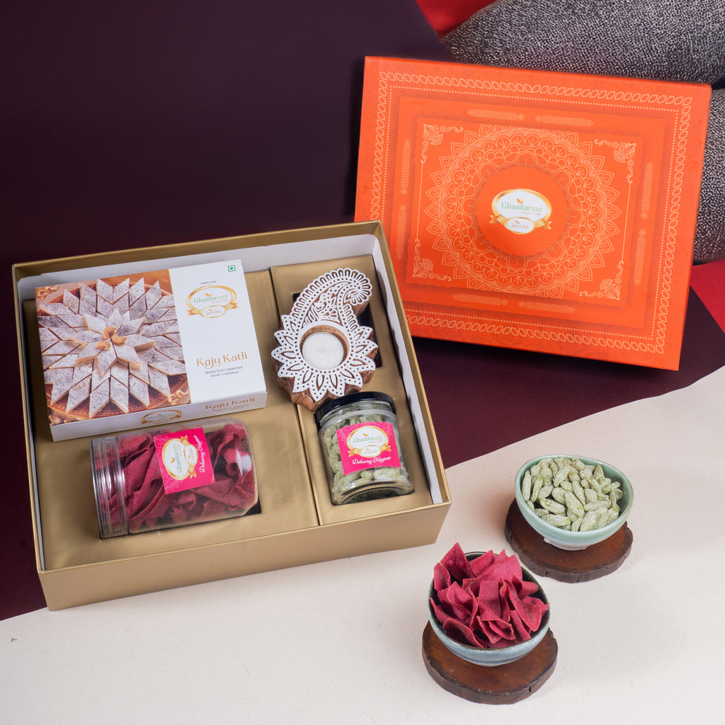 Diwali Gifts-Orange Hamper Box  with Kaju Katli, namkeen, dry fruits and t-light