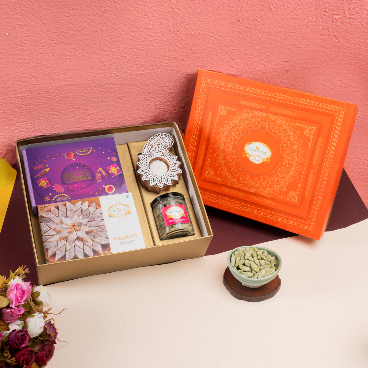 Diwali Gifts-Orange Hamper Box  with Kaju Katli, Bites, dry fruits and t-light
