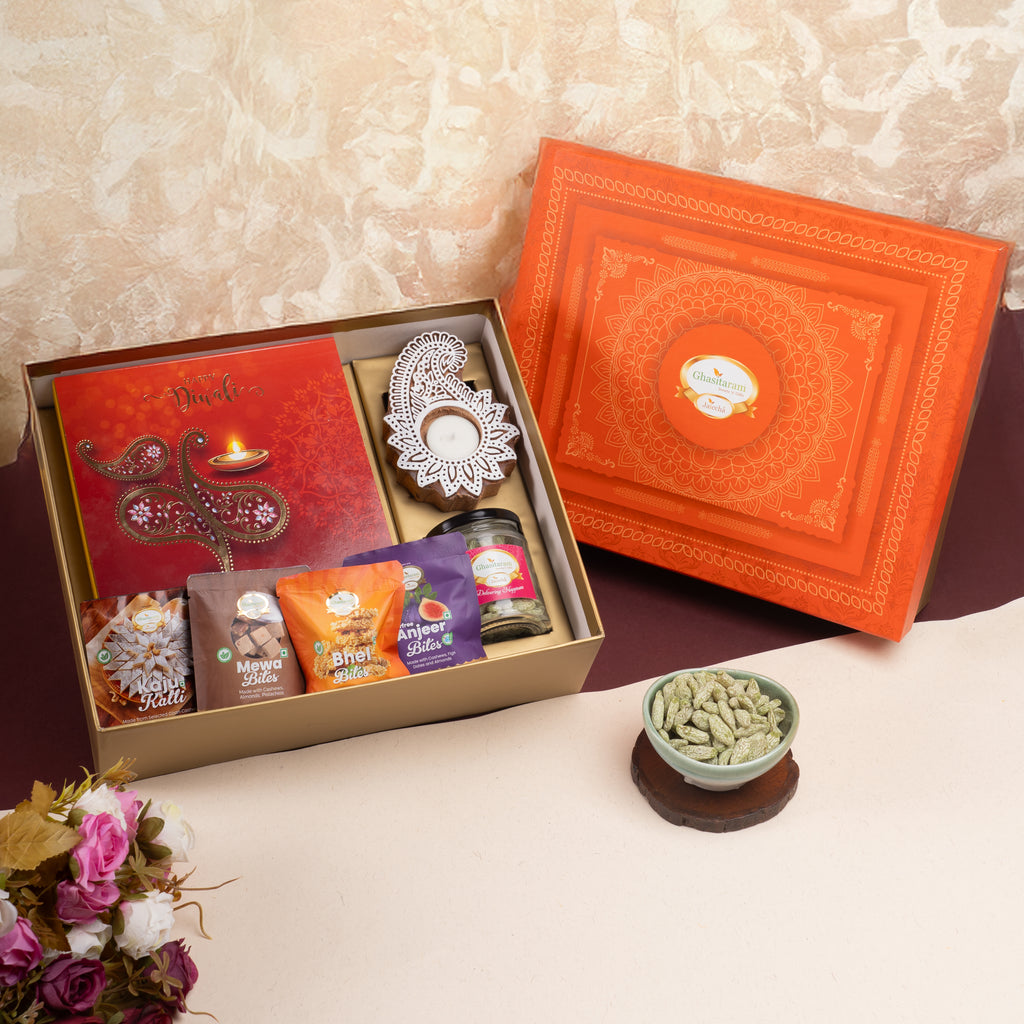Diwali Gifts-Orange Hamper Box  with Sugar free Bites, mithai pouches, dry fruits and t-light