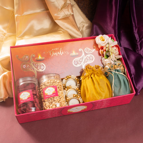 Diwali Gifts-Pink Hamper tray of best bites,namkeen,mithai pouches, dryfruit and t -lights