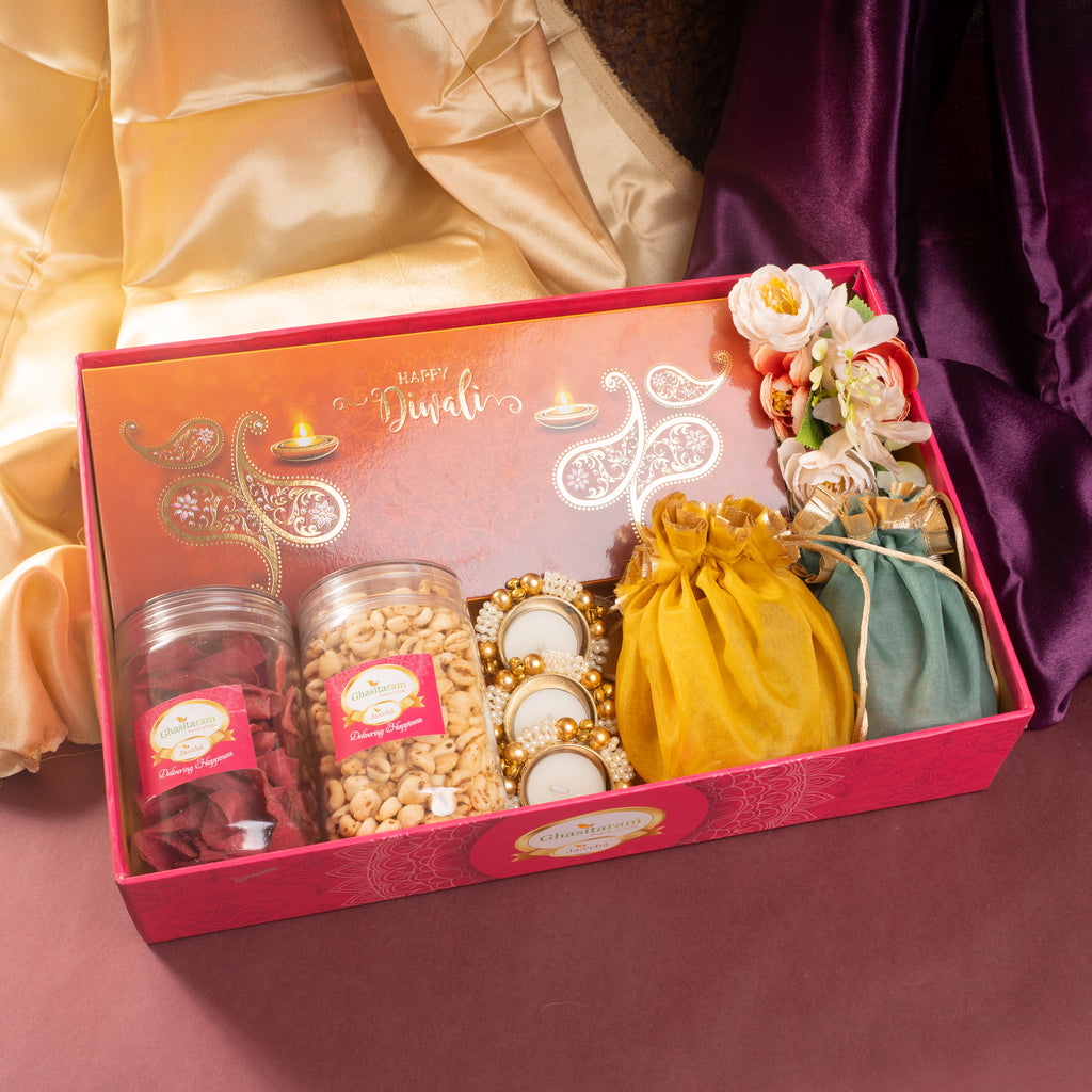 Corporate Gifts-Pink Hamper tray of sugar free bites,namkeen,mithai pouches, dryfruit and t -lights