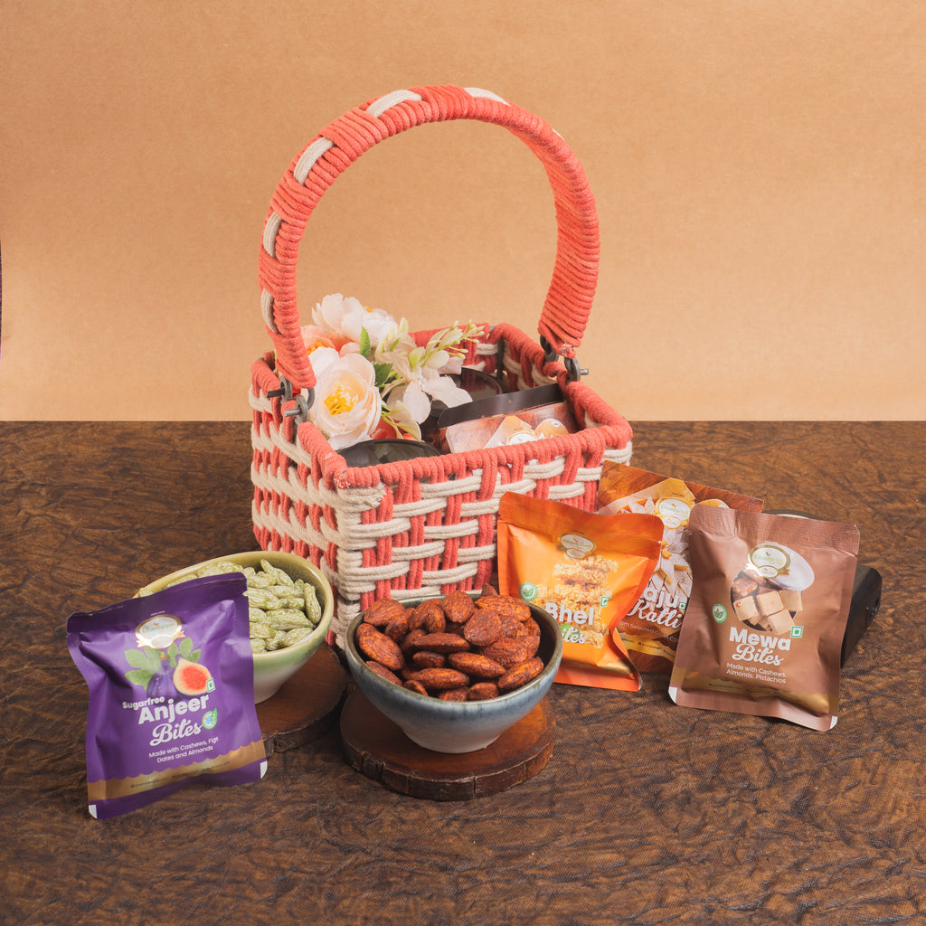 Corporate Gifts-Pink Woven basket with dryfruits and Mithai Pouches
